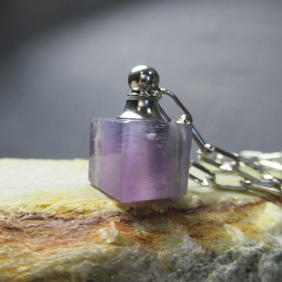 Cube Amethyst Necklace, Gemstone Perfume Bottle Pendant - Picture 1 of 6